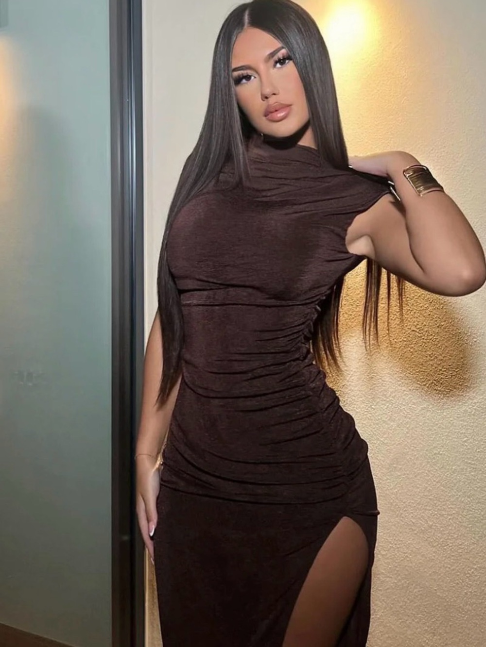 Fashion Nova Alice Brown Ruched High-Slit Women's Dress